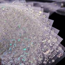 6入組日系風格指甲貼紙,玫瑰金激光銀金月亮星星圖案,diy指甲裝飾 - 彩色 - 查看 2