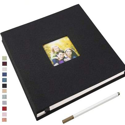 1入組28x27cm自粘相簿,帶窗口,包含40頁雙面亞麻底紋剪貼簿和金屬筆,適用於嬰兒、婚禮和家庭紀念相本diy