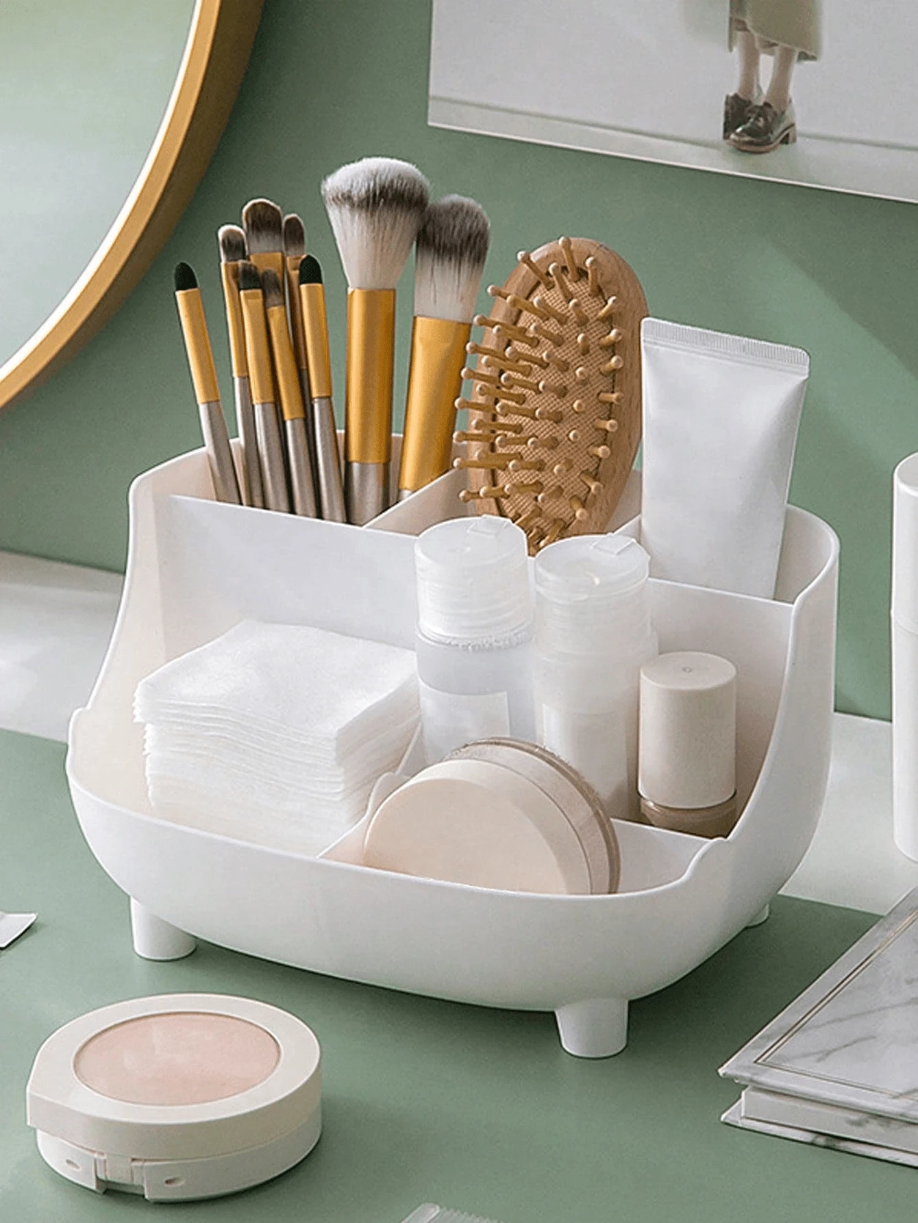 1 Stück weiße Make-up Organizer Box für den Schreibtisch, einfache Aufbewahrung von Kosmetika, tragbare Kosmetikaufbewahrungsbox, für Urlaub, Strand, Badezimmer, Schlafzimmer, große Kapazität, Make-up Tasche, Reiseessentiell - Weiss - Übersicht 1