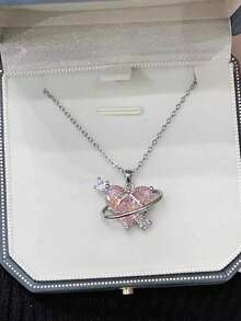 1條皇室風格粉色鑽石心形項鏈,附有城堡、星球和守護者魅力吊墜,適合學生,ins風格 - 彩色 - 查看 3