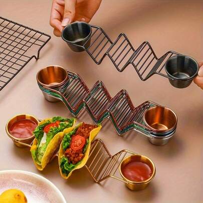 1 bộ giá đỡ Taco bằng thép không gỉ có cốc đựng nước sốt, khay đựng vỏ Taco bằng thép không gỉ, lò nướng, giá đỡ Taco Mexico, giá đỡ cho 3 vỏ Taco cứng hoặc mềm, Taco St, nhà bếp, quà tặng Giáng sinh