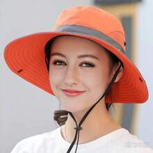 Street 1pc Women's Color Block Embroidered Bucket Hat For Beach, Hiking, And Other Outdoor Activities, With Windproof Strap And Room For Ponytail