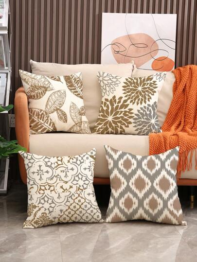 4入組幾何圖案樹葉裝飾抱枕套,適用於沙發/床上裝飾,亞麻材質,18*18英寸,不含抱枕芯