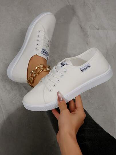 Zapatos De Lona Para Mujer De Primavera / Verano 2024, Zapatillas Blancas Casuales Con Tacón Bajo Plano, Adecuadas Para Estudiantes Y Uso Diario