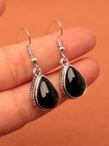 1 Pair Vintage Plated Silver Black Teardrop Faux Gemstone Earrings, Multiple Colors Available - Black - View 8