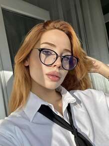 1副女士黑色金属学院风休闲透明镜片眼镜，适合婚礼季和日常通勤佩戴 - 黑色 - 查看 1