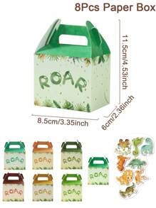 8件恐龙图案手持礼盒（附动物形状贴纸）、方底礼品袋、恐龙手持糕点盒、节日生日派对礼品用品、包装盒 - 彩色 - 查看 3