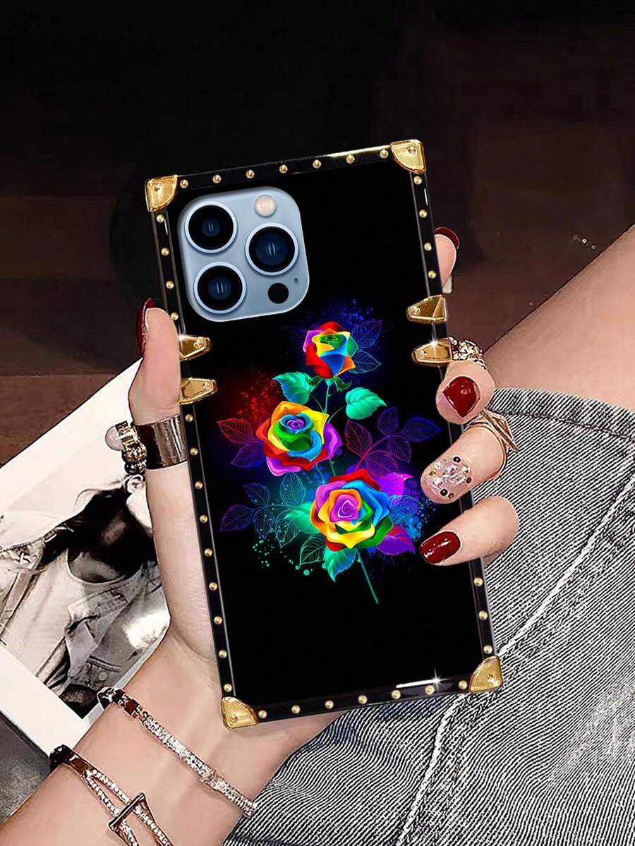 1 件多色玫瑰花朵图案方形时尚防摔手机壳适用于 iPhone 11 Promax - 黑色 - 查看 1