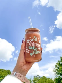 1pc ,480ml Good Things Take Time Aesthetic Can Shaped Glass | Cute Boho Retro Inspired Coffee Cup Or Mug | Mother's Day Or Best Friend Gift - Clear - View 6