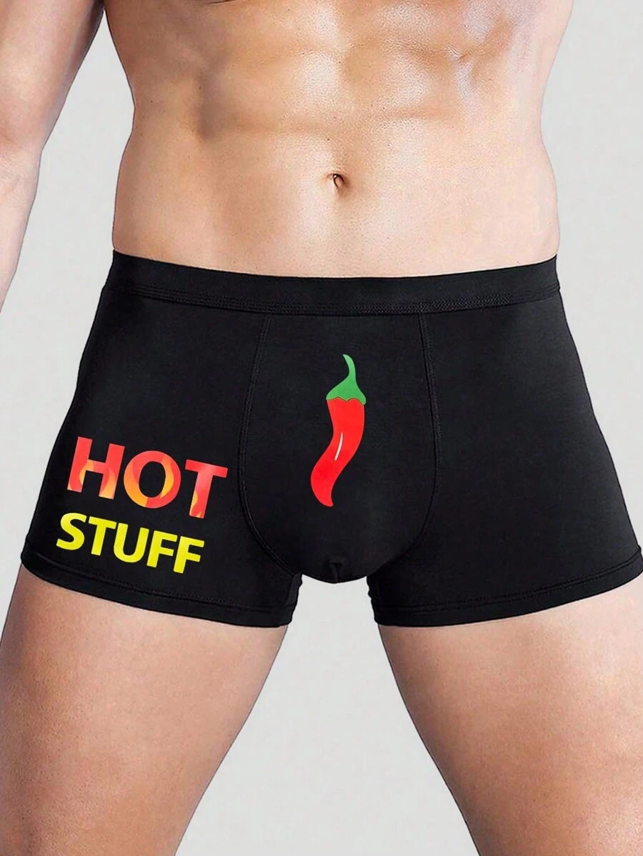 Men's Sexy Chili Pepper Print Stylish Stretch Comfortable Boxer Shorts For Daily Wear - Black - View 1