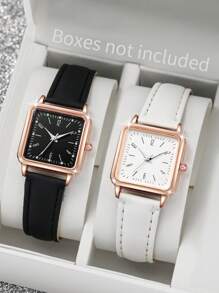 Women's Leather Strap Fashion Simple Square Dial With Numerals Quartz Watch (2pcs/Set) As A Gift For Students Returning To School