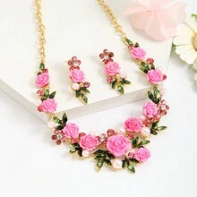 3pcs/Set Elegant Luxury Enamel & Metal 3d Flower Necklace And Earrings Set For Women, Perfect For Banquet And Dinner Parties Stylish And Versatile Valentines
