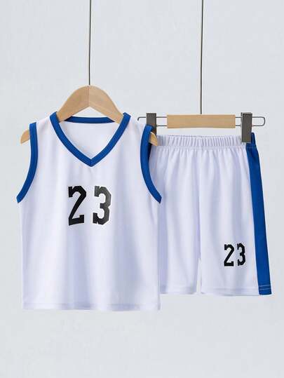 2pcs Boys Sports Suit, Short Sleeve Number 23 Printed T-Shirt With Mesh Shorts, Loose Fit Sportswear Set For Basketball/Soccer, Suitable For 4-12 Years Old