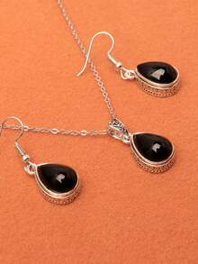 歐美時尚仿古銀電鍍假寶石項鍊和耳環套裝 - 綠色 - 查看 1