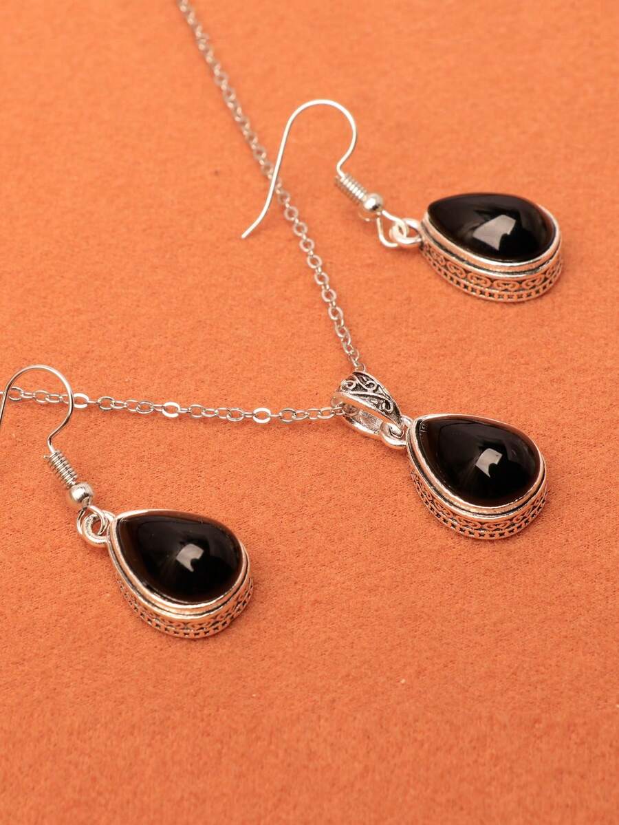 歐美時尚仿古銀電鍍假寶石項鍊和耳環套裝 - 綠色 - 查看 1