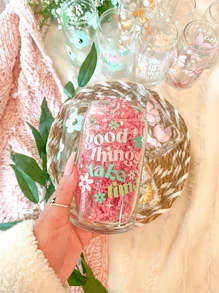 1pc ,480ml Good Things Take Time Aesthetic Can Shaped Glass | Cute Boho Retro Inspired Coffee Cup Or Mug | Mother's Day Or Best Friend Gift - Clear - View 5