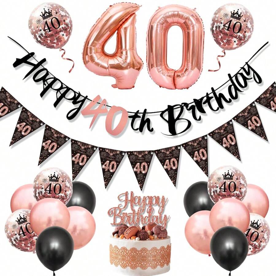 40th Rose Gold Balloon Decorations, Includes Happy Birthday Banner, Garland, Number Balloon 40 And Black Rose Gold Balloons, Suitable For 40th Birthday Party Decoration,Christmas - Rose Gold - View 1