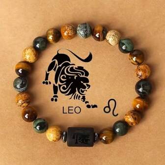 1pc Fashion 12 Zodiac Signs Beads Natural Stone Bracelet, Tiger Eye Stone Painting Stone Crystal Bracelet, Gift