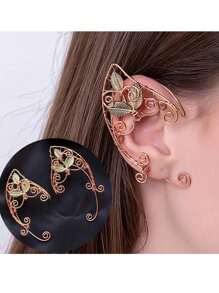 1 件手工铜线包裹的花翼和叶子耳夹耳环，无耳洞耳环夹，仙女耳饰，全新礼物