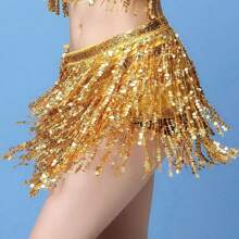 舞蹈服配銀亮閃爍流蘇裙，時尚肚皮舞腰帶裙 - 黃色 - 查看 4