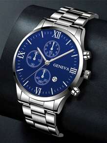 1 Miếng Màu bạc Nam Lịch Thạch anh Thời trang Đồng hồ Và 1 Miếng Thép không gỉ Làm Việc  Nam Đồng hồ Với Vòng tay - Bạc - Xem 4