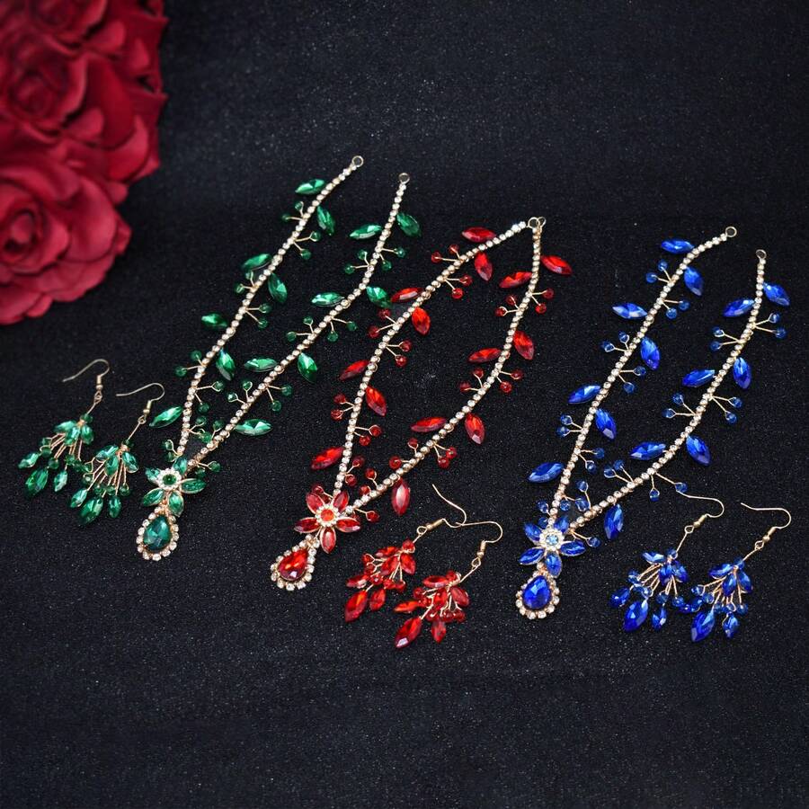 1入手工製作的新娘頭飾和耳環套裝,適合婚禮、派對、生日和任何其他特殊場合的女士 - 彩色 - 查看 1