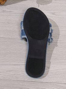 青少年時尚方格紋丹寧防滑耐磨平底涼鞋,適用於戶外、海灘、夏季 - 淺藍色 - 查看 10