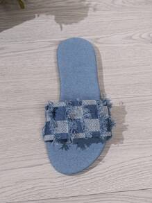 青少年時尚方格紋丹寧防滑耐磨平底涼鞋,適用於戶外、海灘、夏季 - 淺藍色 - 查看 6