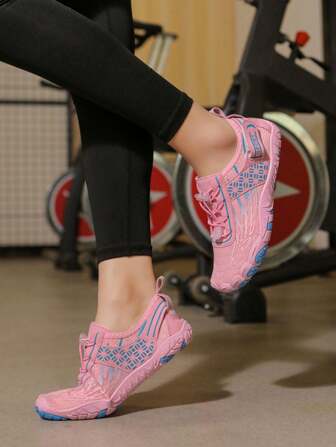 Women's Pink Running Shoes, Non-Slip Lightweight Sports Sneakers, Breathable, Elastic Fabric Casual Shoes With Drawstring & Hook Loop Design, For Indoor Gym Outdoor Running Trekking