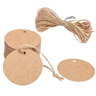 100 件白色圆形礼品标签，牛皮纸礼品标签带绳空白吊牌，适用于礼品包装工艺项目婚礼回礼情人节