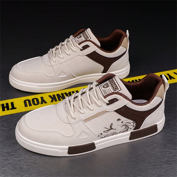 Men's Sports Shoes With Sea Waves & Seagulls Print, Breathable Casual Sneakers For Spring