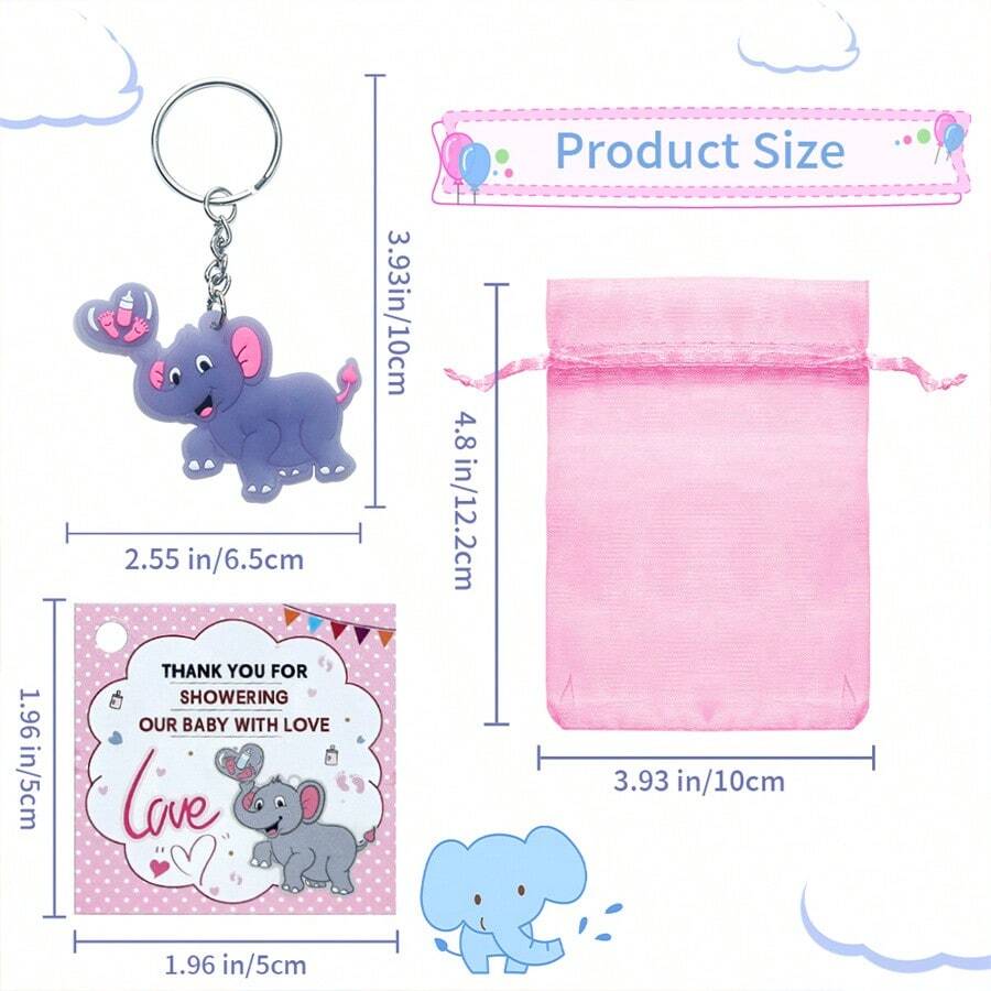 10 Sets Pink Elephant Keychain & Organza Bag Gift Set, Including Thank