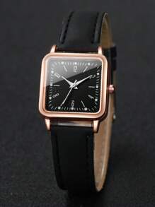 Women's Leather Strap Fashion Simple Square Dial With Numerals Quartz Watch (2pcs/Set) As A Gift For Students Returning To School