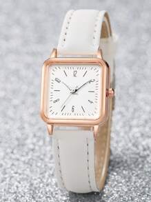 Women's Leather Strap Fashion Simple Square Dial With Numerals Quartz Watch (2pcs/Set) As A Gift For Students Returning To School