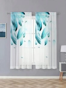 1pc Elegant Blue Feather Printed Rod Pocket Sheer Curtain - 100% Polyester, Light Filtering, Woven, Unlined, Suitable For All Seasons, Charming Style, Perfect For Bedroom, Living Room, Etc. - Multicolor - View 5