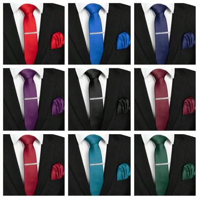 男士6cm時尚修身窄領帶及口袋方巾領帶套裝,適用於婚禮、活動、假日