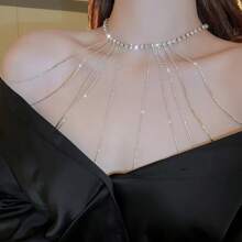 鑽石鑲嵌長流蘇項鍊,肩鏈,身鏈,一件式個性化新娘禮服,派對輕奢配飾,項鍊 - 銀色 - 查看 3