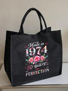 1 Miếng Hoa 50th Sinh nhật Túi tote , Dung lượng lớn Qủa tặng Túi xách tay , Có thể mang đi Có thể tái sử dụng Túi mua sắm , Dung lượng lớn Túi mua sắm , Đơn giản Vải bố Túi tote , Nhẹ Lưu trữ Túi xách Cho du lịch bờ biển , Hiện tại - màu đen - Xem 6