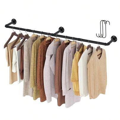 Barra para colgar ropa montada en la pared del hogar de tienda de ropa, longitud total 184 cm, con 4 ganchos