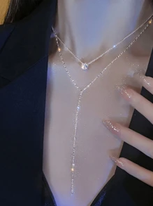 1pc Silver Y Shape Long Tassel Necklace, Sparkling Rhinestone Necklace, Double Layer Sexy Collarbone Chain, Delicate Chain Necklace For Women, Bridal Necklace, Women's Jewelry. Valentine's Day Accessories - Silver - View 2