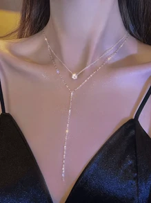 1pc Silver Y Shape Long Tassel Necklace, Sparkling Rhinestone Necklace, Double Layer Sexy Collarbone Chain, Delicate Chain Necklace For Women, Bridal Necklace, Women's Jewelry. Valentine's Day Accessories - Silver - View 3