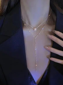 1pc Silver Y Shape Long Tassel Necklace, Sparkling Rhinestone Necklace, Double Layer Sexy Collarbone Chain, Delicate Chain Necklace For Women, Bridal Necklace, Women's Jewelry. Valentine's Day Accessories - Silver - View 4