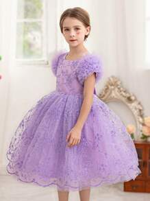 Váy dự tiệc lưới viền ren màu tím, váy công chúa thanh lịch phù hợp cho tiệc sinh nhật bé gái, đám cưới, những dịp trang trọng, váy phù dâu - Màu tím - Xem 5