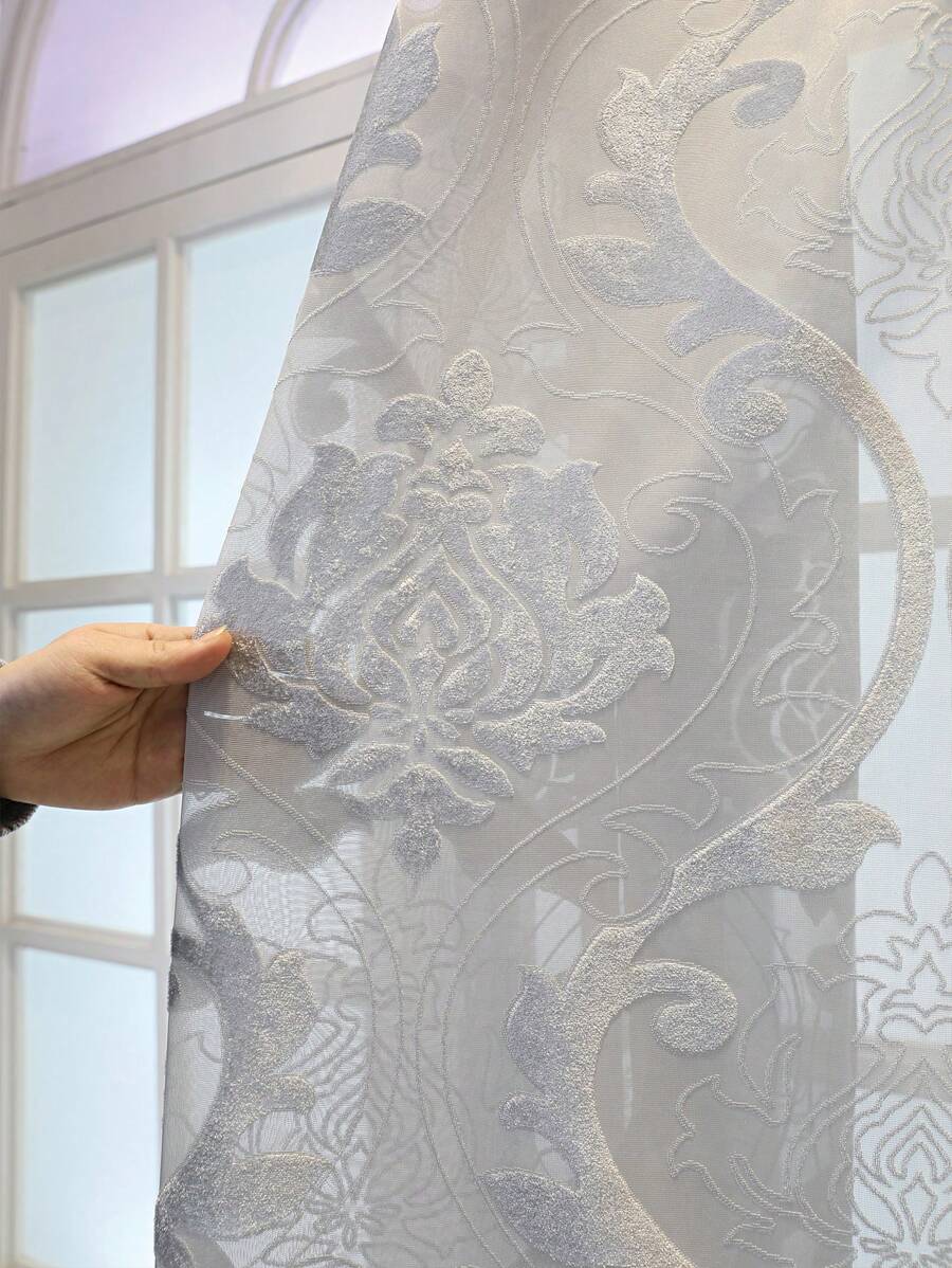 1 件半透明提花厚欧式灰色窗帘,适用于客厅、卧室、阳台餐厅隔断,家居装饰薄纱窗帘 - 灰色 - 查看 1