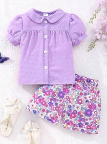 Young Girl Short Sleeve Turn-Down Collar Solid Color Top With Floral Printed Shorts - Purple - View 2