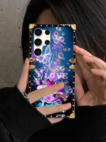 1pc Butterfly Flower Pattern Rectangle Fashionable Shockproof Phone Case Compatible With Samsung S23 Ultra