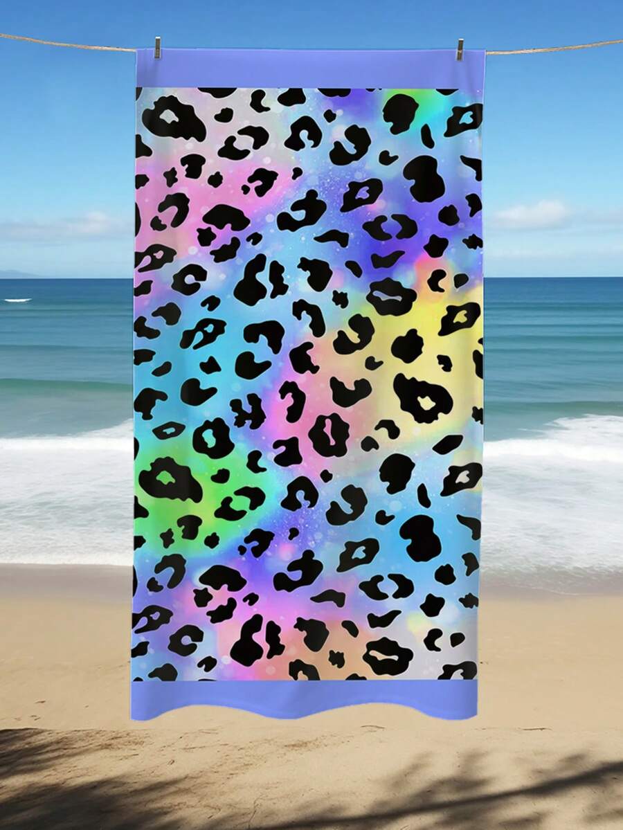 1 Pieza Toalla De Playa En Estampado De Leopardo Colorido, Toalla De Baño Rectangular De Microfibra Estilo Sencillo Apta Para Baño Y Playa - Multicolor - Ver 1