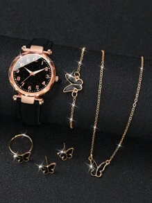 6pcs/Set Women's Gift Watch With Fashionable Numeric Starry Dial Quartz Wristwatch + Butterfly Jewelry Set (Excluding Watch Box) - Black - View 2