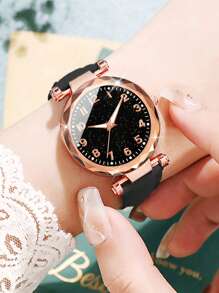 6pcs/Set Women's Gift Watch With Fashionable Numeric Starry Dial Quartz Wristwatch + Butterfly Jewelry Set (Excluding Watch Box) - Black - View 8
