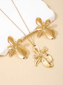 1set Exaggerated And Fresh Metal Flower Necklace Earring Set, Suitable For Ladies' Daily Commute, Travel, Vacation, Dating, Birthday And Holiday Gifts And Party Wearing - Flower Set - View 3